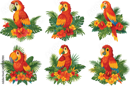 colorful macaws in tropical flowers and leaves.