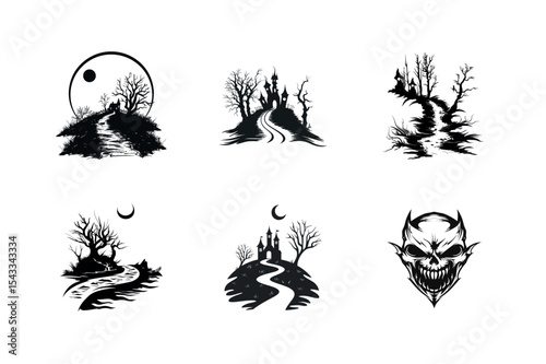 Spooky halloween silhouettes set of castle and devil