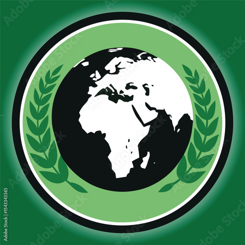 Earth globe vector icon with world map illustration in green and blue representing global concept and environment