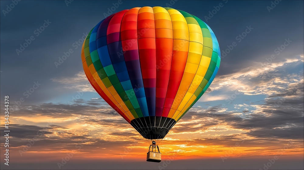 Obraz premium Colorful hot air balloon floats across a vibrant sky during sunset with clouds and warm light