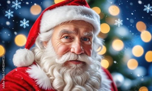 Jolly santa claus amidst festive lights and snowflakes brings holiday cheer