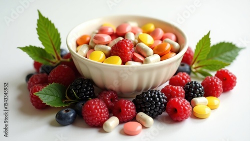 Variedad de tabletas vitamínicas y suplementos coloridos en un recipiente de cerámica, acompañados de bayas frescas y hojas verdes
