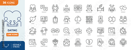 Dating line editable icon set. Containing date, relationship, dating app, romance, speed dating, search love, matchmaking and more. Editable stroke. Vector illustration