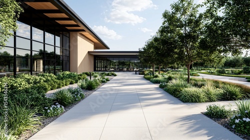 A corporate campus master plan showing pedestrian pathways lined with diverse native flora, integrated rain gardens, and biophilic architectural features promoting outdoor activity and connection.
