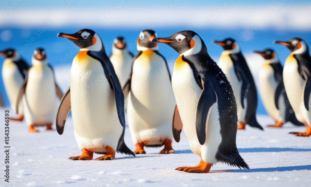 Fototapeta premium Group of emperor penguins standing on snowy antarctic background with blue sky
