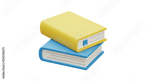 3D illustration of stacked books in yellow and blue with bookmark – educational icon isolated on white background, perfect for learning, school, literature, or academic digital design themes

