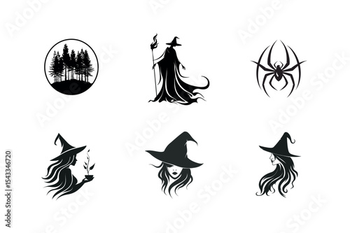 Witchcraft silhouettes forest spider and witches