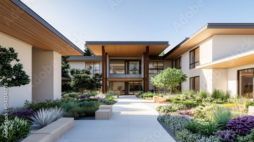A senior living facility designed with accessible outdoor gardens, sensory paths with varied natural textures, and sun-drenched common areas, promoting physical activity and cognitive health.
