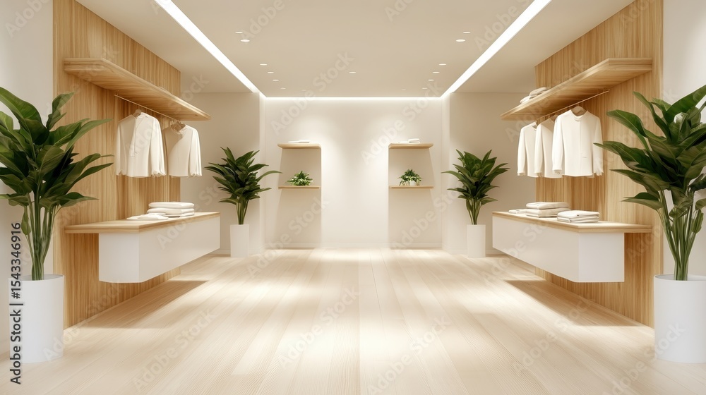 Fototapeta premium A stylish clothing store interior features minimalist wooden shelves displaying neatly folded garments, accented by greenery, creating an inviting and trendy shopping environment.