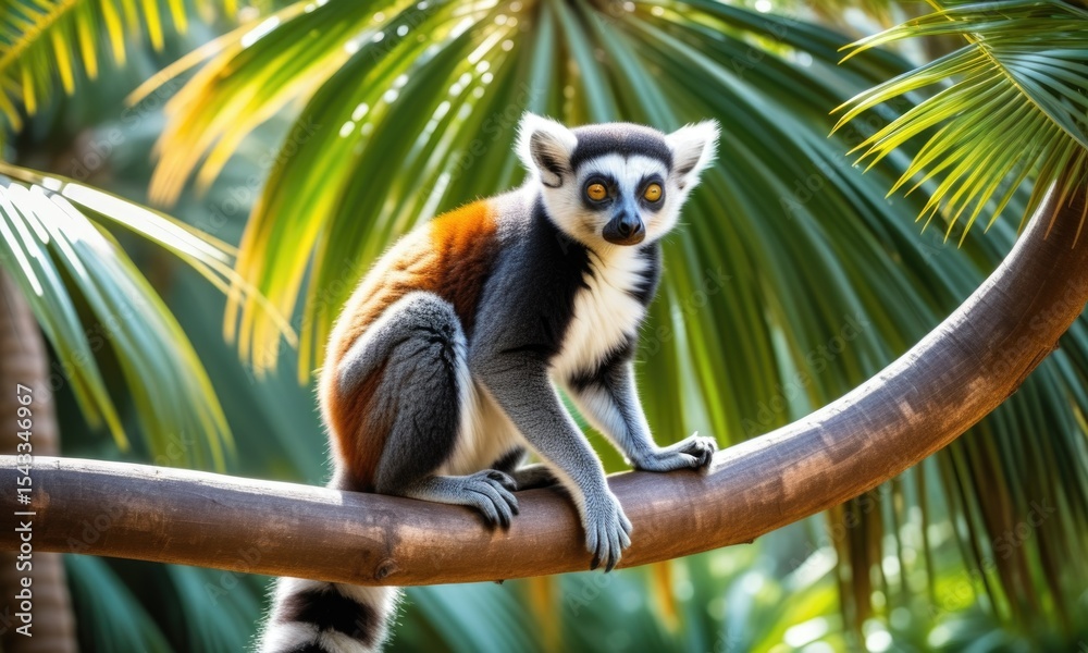 Fototapeta premium Curious lemur on tree branch in lush tropical jungle
