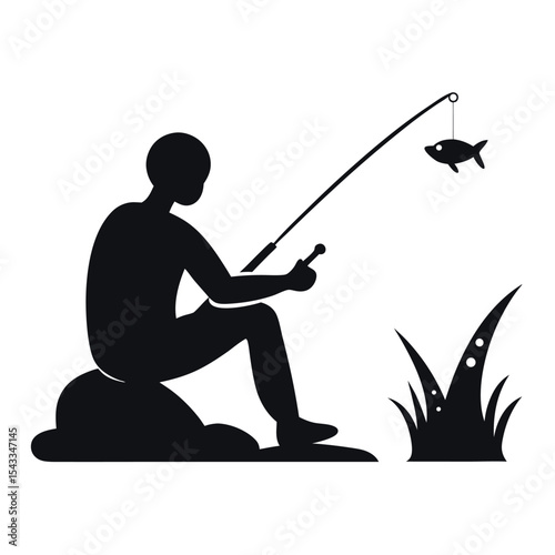 Fisher Silhouette Icon of Person Fishing on White Background