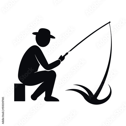 Fisher Silhouette Icon of Person Fishing on White Background