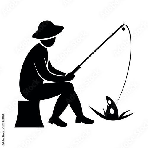 Fisher Silhouette Icon of Person Fishing on White Background