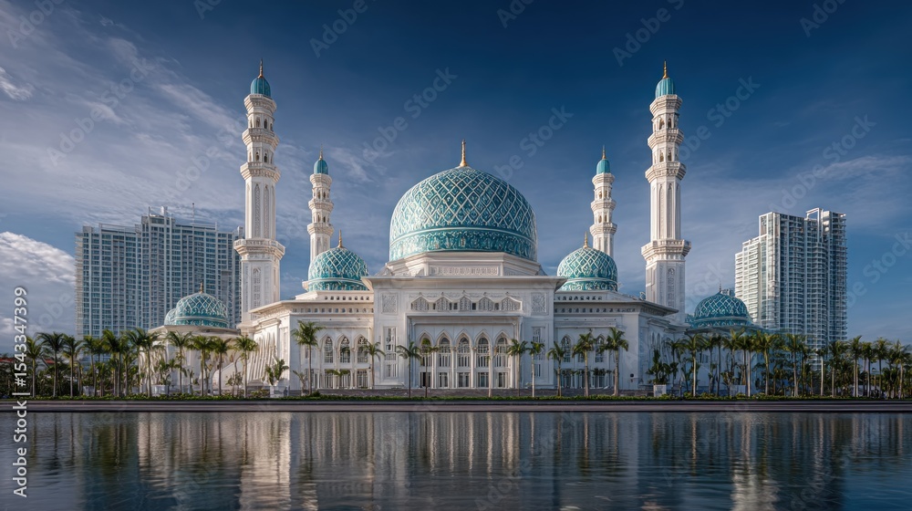 Obraz premium Stunning Kota Kinabalu City Mosque reflecting in placid water during daytime