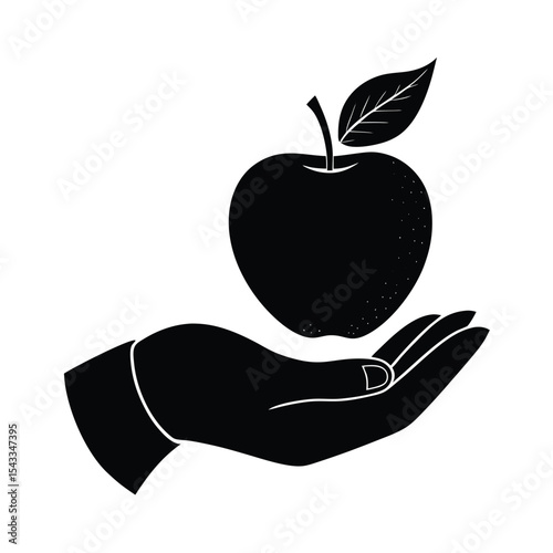 Hand holding apple silhouette vector illustration