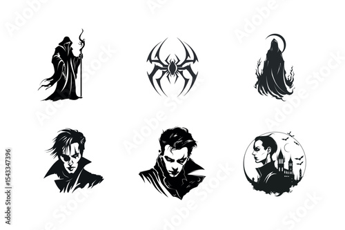 Gothic horror characters and symbols set