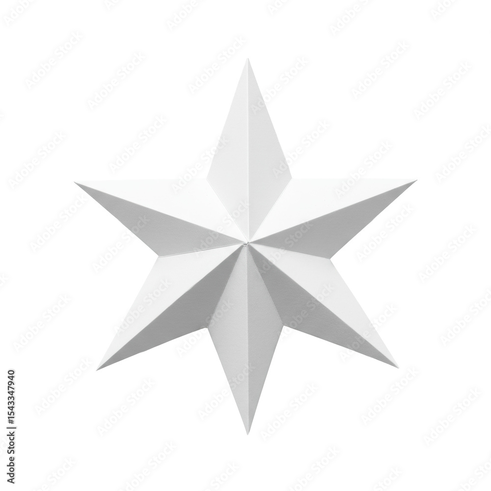 Obraz premium A single, perfectly symmetrical, matte white, die-cut paper star with sharp edges on a transparent, seamless studio background, isolated with diffuse lighting, top-down view, flat lay. Concept of