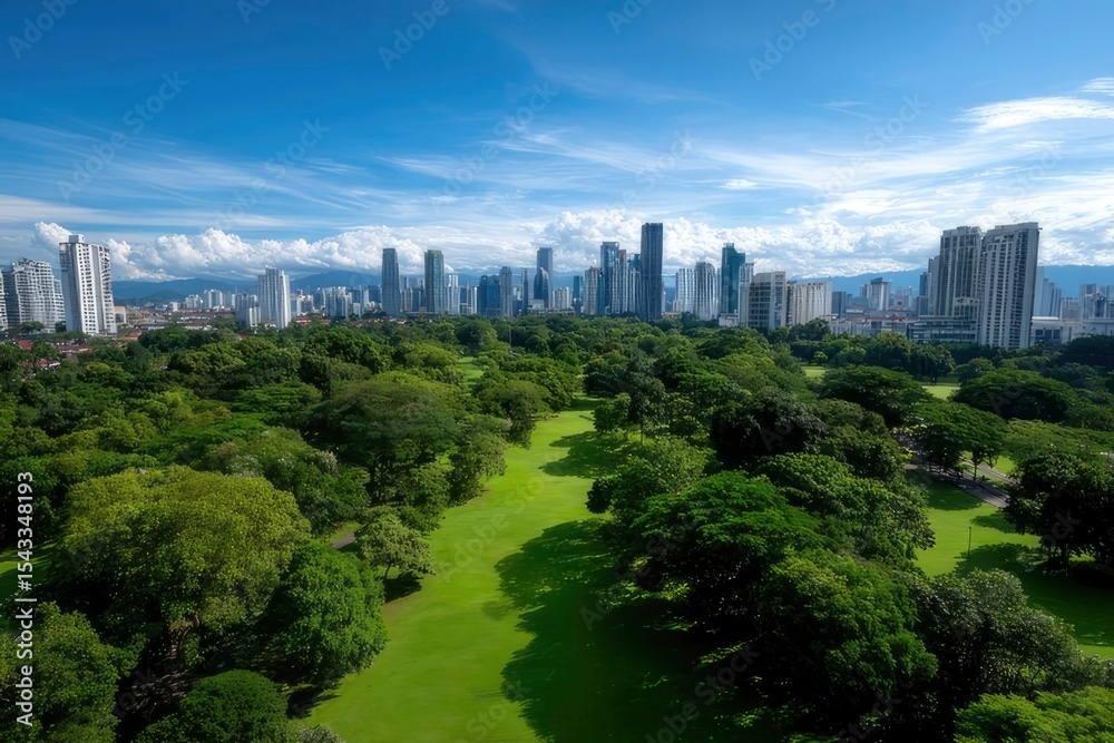 Fototapeta premium Highangle view of a green landscape a skyline with tall buildings beneath a blue sky with clouds