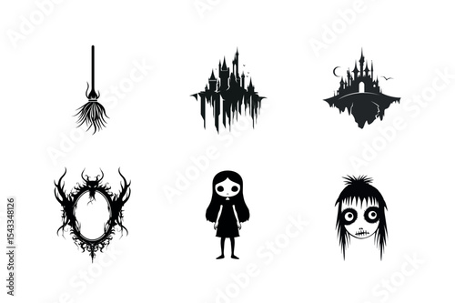 Spooky halloween icons set black and white