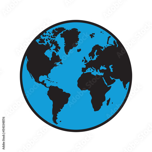 Earth Globe Vector Icon | Flat World Map Illustration in Blue and Black