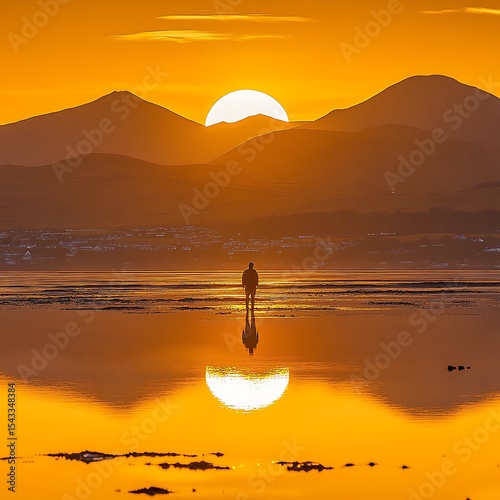 A solitary figure gazes towards a sunset over distant mountains