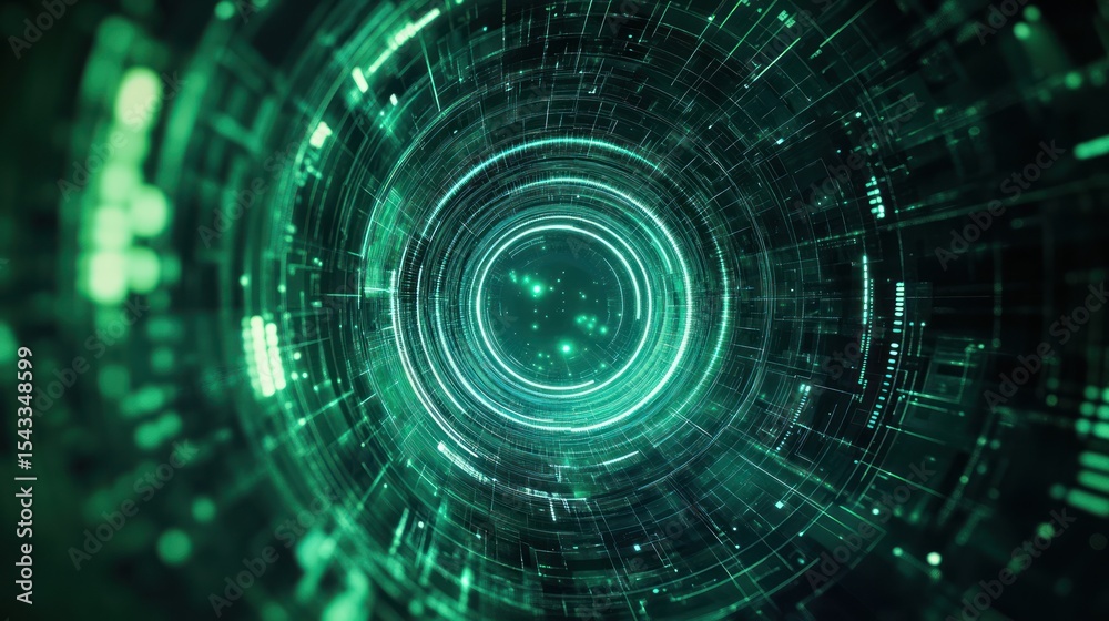 Fototapeta premium Abstract digital tunnel, swirling green light, intricate network