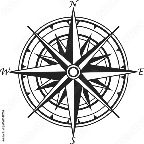 Compass rose vector on white background, a nautical symbol for travel and navigation, illustrating north, south, east, and west directions on a map