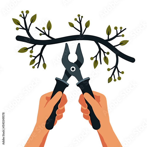 Illustration of Hands Pruning a Tree Branch with Clippers, Gardening and Plant Care