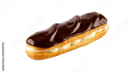 Chocolate Eclair on white Background. This image features a chocolate eclair on a black background. The eclair is golden brown and filled with vanilla cream. It’s topped with a glossy, dark chocolate 