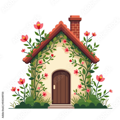 Charming Cottage House Covered in Blooming Flowers and Green Vines, Whimsical Illustration Style