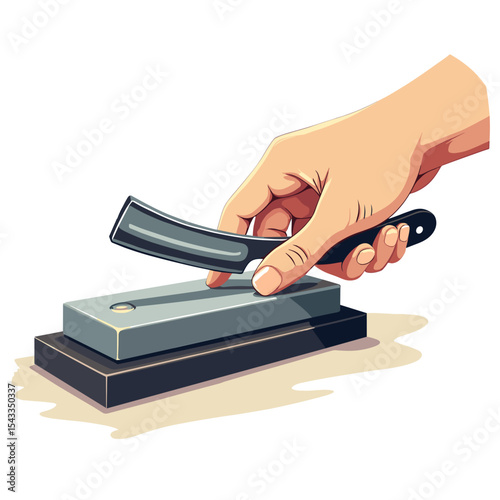 Illustration of a Hand Sharpening a Straight Razor on a Whetstone for Shaving and Grooming