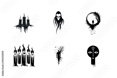 Six mystical black and white illustrations