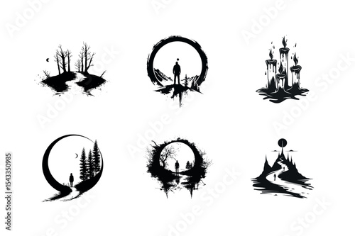 Six surreal black ink illustrations of solitude and nature