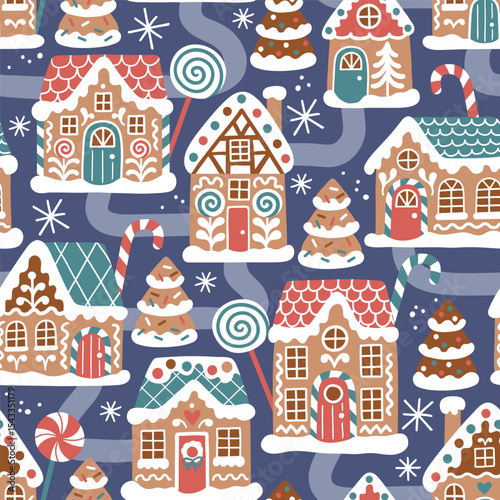 Seamless vector pattern with cute gingerbread houses and Christmas trees. Perfect for textile, wallpaper or nursery print design. EPS 10 vector file.	
