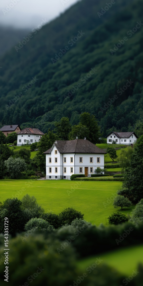 Charming white house in idyllic green countryside with mountain view Charming white house in idyllic green countryside with mountain view