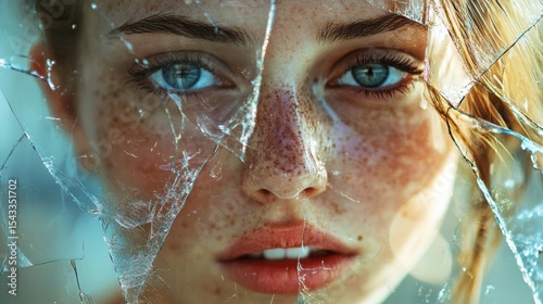 Freckled woman’s close-up face viewed through broken glass pane.