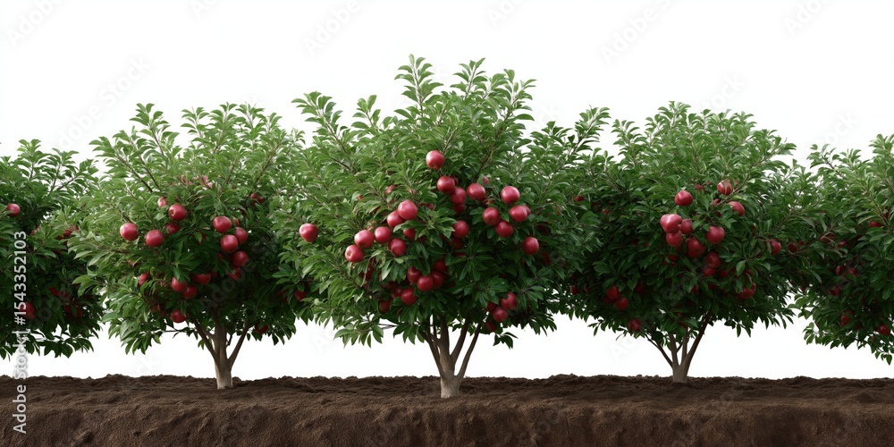 Obraz premium Row of lush apple trees laden with ripe red fruit in orchard