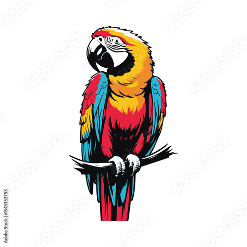 Colorful Parrot Perched: A vibrant macaw parrot showcases its vivid plumage while perched on a branch, showcasing a natural beauty in this eye-catching scene.