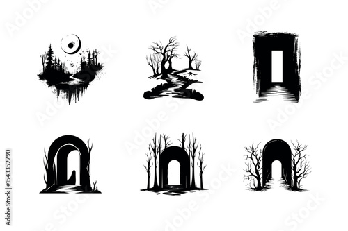 Six black and white illustrations of mystical gates and landscapes