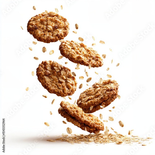 Delicious oatmeal cookies levitating with oatmeal flakes falling down