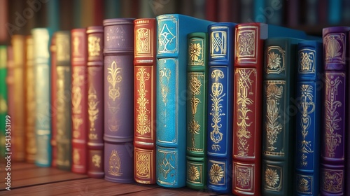 Row of colorful antique books lined up on a pastel pink surface. Ornate leather-bound volumes with decorative patterns and gold accents.