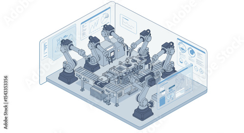 Advanced robotics assembly line with automated robotic arms for industrial production isometric style vector illustration