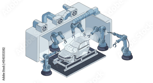 Advanced robotic technology in automotive manufacturing process isometric style vector illustration