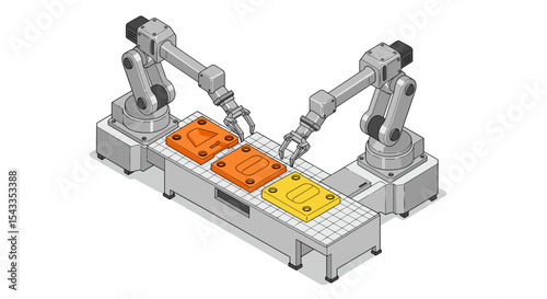 Industrial automation with robotic arms and conveyor belt in manufacturing isometric style vector illustration