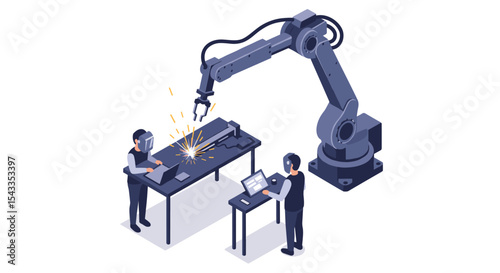 Industrial robotic arm welding process in modern manufacturing facility design isometric style vector illustration