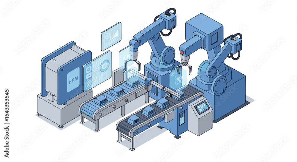 Obraz premium Futuristic automated factory with robotic arm assembly line for industrial technology isometric style vector illustration