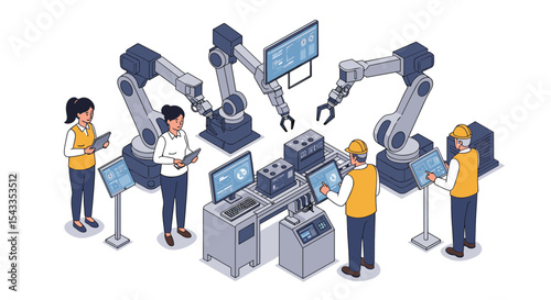 Robotics and automation workflow in modern industrial factory design isometric style vector illustration