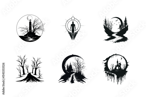 Six black and white mystical landscape illustrations