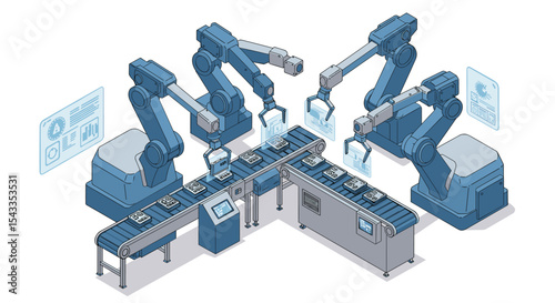 Futuristic robotic assembly line with advanced automation for efficient manufacturing isometric style vector illustration