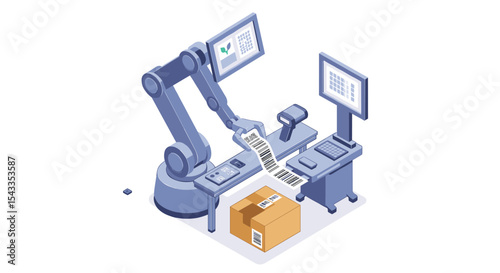 Automated packaging system with robot arm and barcode scanner for efficient warehouse operations isometric style vector illustration